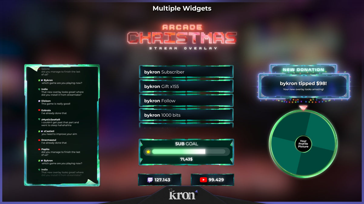 Arcade Christmas Animated Widgets for Twitch with retro neon holiday aesthetic featuring chatbox, alerts, event list, goal, spin wheel and viewer count widgets