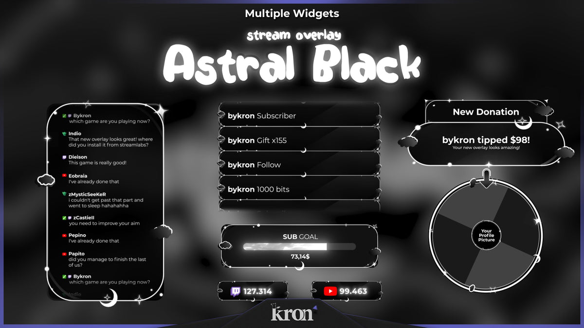 Astral Black Animated Widgets for Twitch with dark premium cosmic aesthetic featuring chatbox, alerts, event list, goal, spin wheel and viewer count widgets
