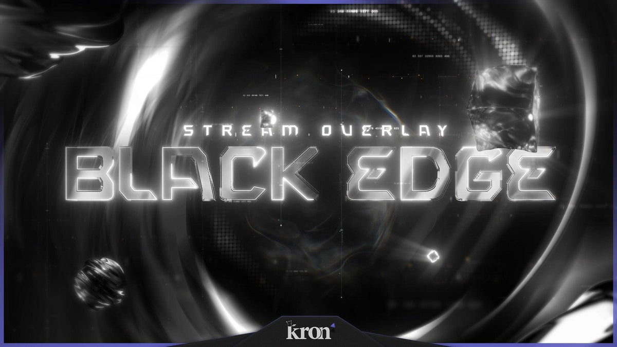 Black Edge Stream Overlay for Twitch with dark futuristic black and white aesthetic, camera frame, alerts and stream widgets