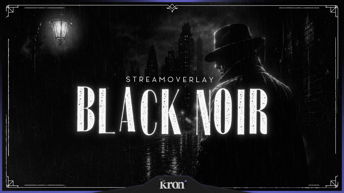 Black Noir Stream Overlay for Twitch with dark cinematic detective noir aesthetic, camera frame, alerts and stream widgets