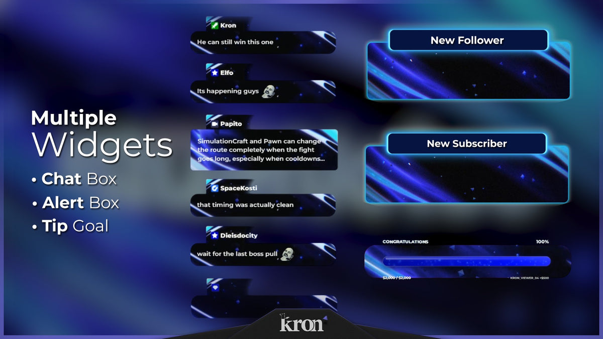 BlueNoise Animated Widgets for Twitch with futuristic blue sci-fi aesthetic featuring alerts, tip goal and chat box widgets