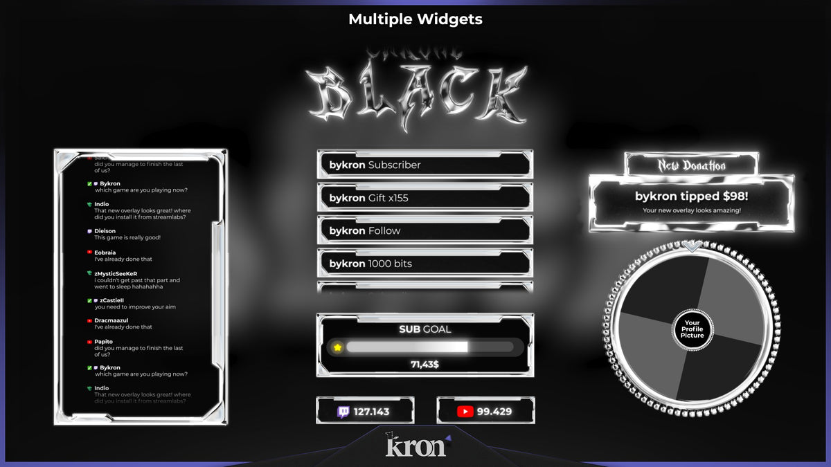 Chrome Black Animated Widgets for Twitch with dark high-contrast chrome aesthetic featuring follower goal, donation goal, recent events, spin wheel, viewer count and chat box widgets