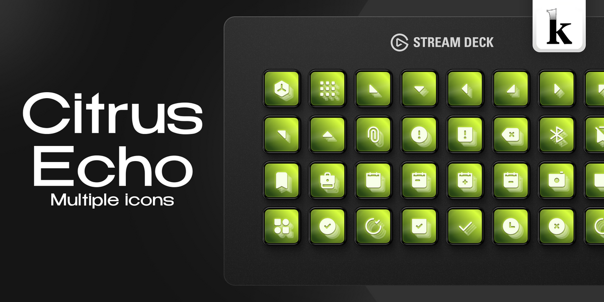 Citrus Echo Icons pack with vibrant lime inspired aesthetic, glossy button surfaces, layered echo effects and clean white symbols for Stream Deck setups