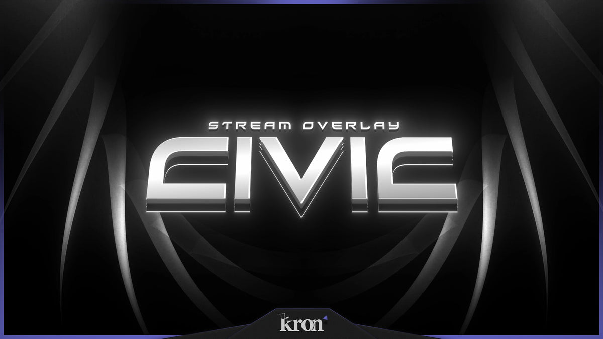Civic Stream Overlay for Twitch with sleek black and silver minimal tech aesthetic, camera frame, alerts and stream widgets
