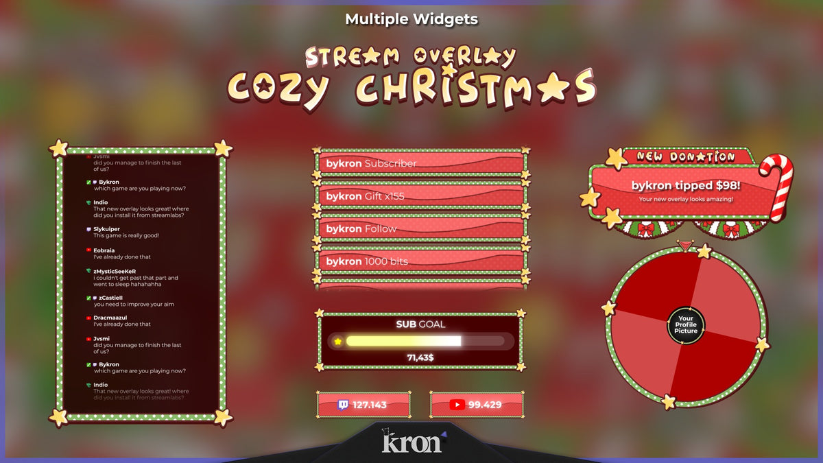 Cozy Christmas Animated Widgets for Twitch with colorful warm holiday aesthetic featuring alerts, goal, events, spin wheel, viewer count and chat box widgets