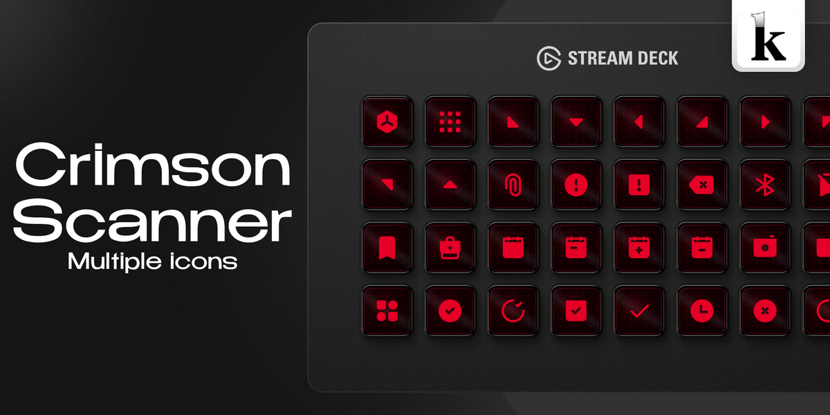 Crimson Scanner Icons pack with dark scanner inspired aesthetic, deep crimson tones, radar patterns and glossy symbols for Stream Deck setups