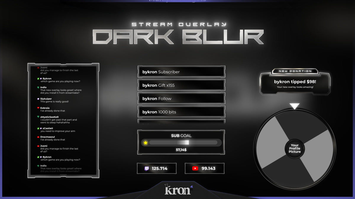 Dark Blur Animated Widgets for Twitch with minimalist dark aesthetic featuring follower goal, donation goal, recent events, spin wheel, viewer count and chat box