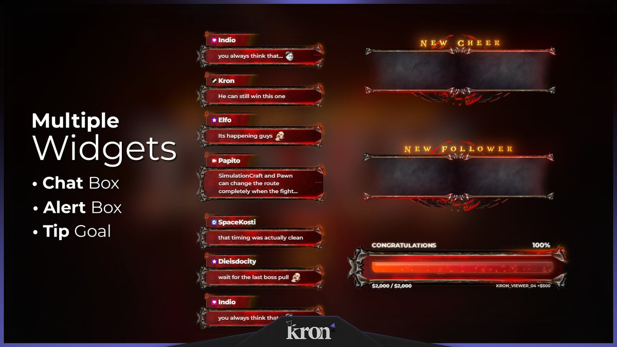 Dark Fantasy Animated Widgets for Twitch with medieval fantasy aesthetic featuring alerts, tip goal and chat box widgets