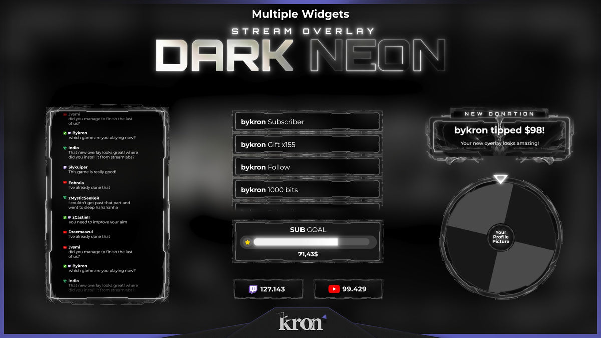 Dark Neon Animated Widgets for Twitch with black cyber aesthetic and glowing neon accents featuring follower goal, donation goal, recent events, spin wheel, viewer count and chat box