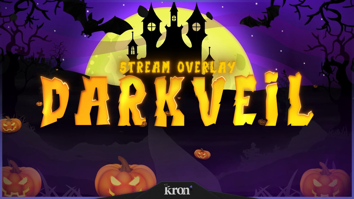 Darkveil Stream Overlay for Twitch with spooky pumpkins, bats, haunted mansion, neon yellow accents and purple Halloween sky