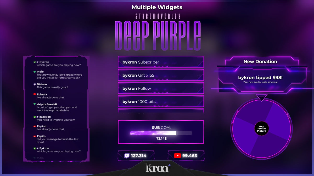 Deep Purple Animated Widgets for Twitch with purple neon sci-fi aesthetic featuring follower goal, donation goal, recent events, spin wheel, viewer count and chat box
