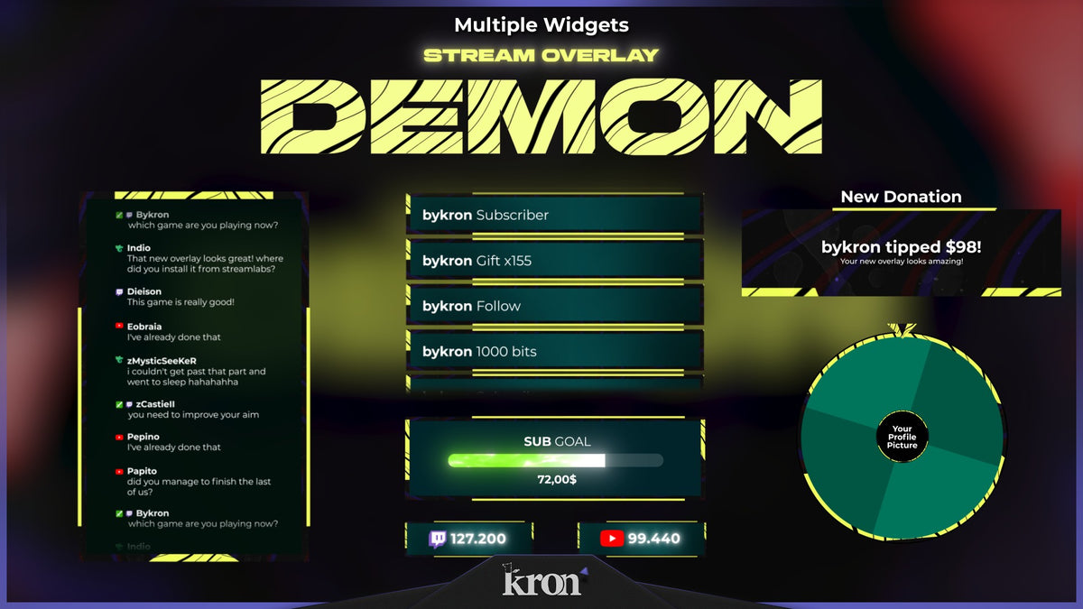 Demon Animated Widgets for Twitch with psychedelic neon aesthetic featuring follower goal, donation goal, recent events, spin wheel, viewer count and chat box