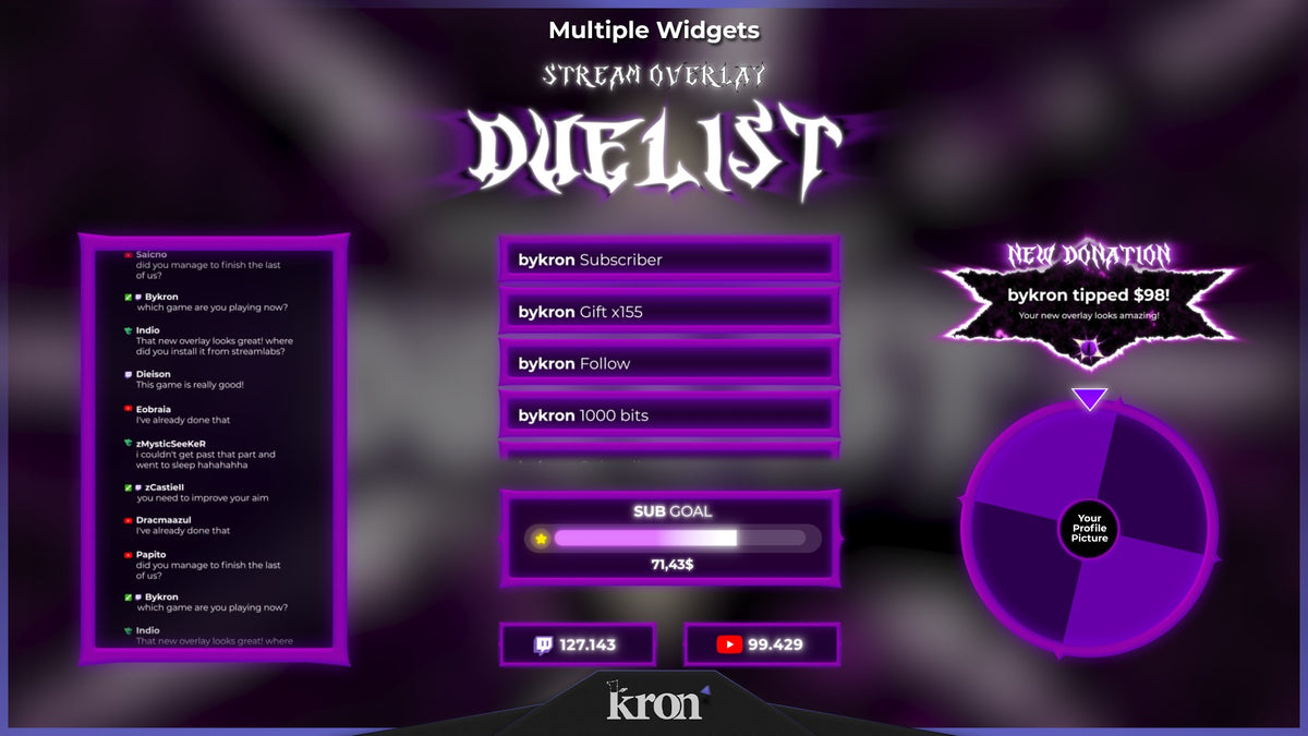 Duelist Animated Widgets for Twitch with dark arcane fantasy aesthetic featuring follower goal, donation goal, recent events, spin wheel, viewer count and chat box