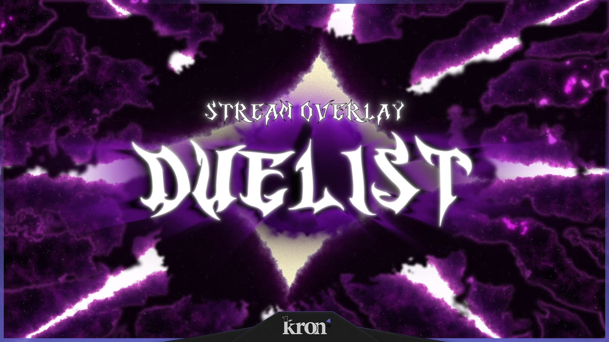 Duelist Stream Overlay for Twitch with purple cosmic storms, mystical lightning, energy rifts and gothic dark fantasy aesthetic