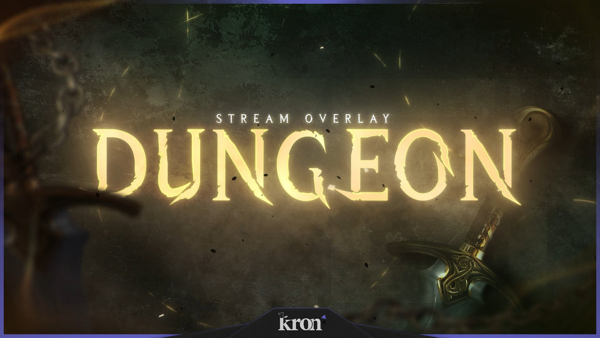Dungeon Stream Overlay for Twitch with medieval elements, mystical lighting, swords and cinematic dark fantasy atmosphere