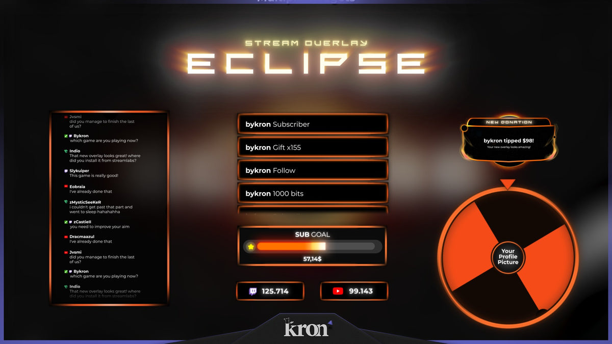 Eclipse Animated Widgets for Twitch with celestial cosmic aesthetic featuring follower goal, donation goal, recent events, spin wheel, viewer count and chat box
