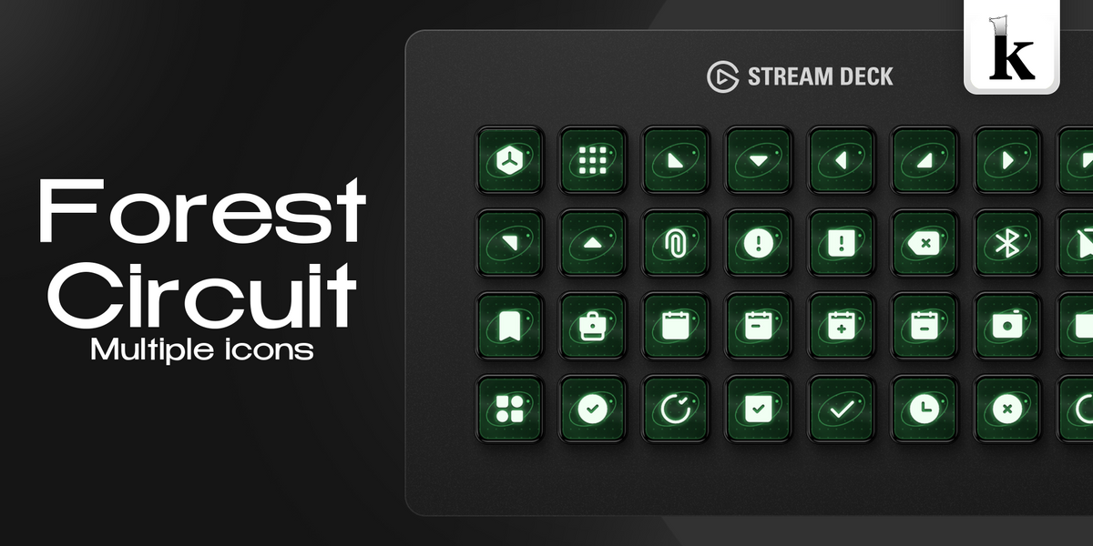 Forest Circuit Stream Deck icons with deep green tones, glowing white symbols, grid details and organic circuit patterns