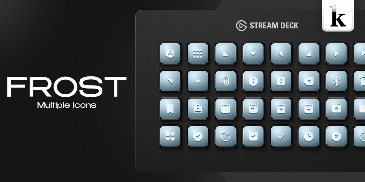 Frost Stream Deck icons with icy blue gradients, glossy buttons and bright white minimalist symbols
