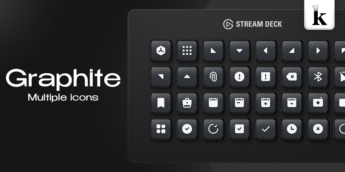 Graphite Stream Deck icons with dark gray gradients, matte surfaces and clean white minimalist symbols