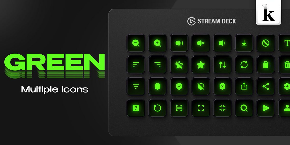 Green Stream Deck icons with neon green glow, dark glossy buttons and minimalist tech symbols