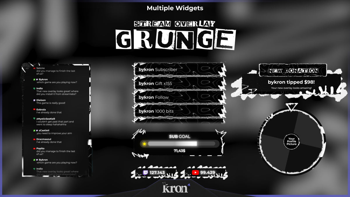 Grunge Animated Widgets for Twitch with raw underground aesthetic featuring follower goal, donation goal, recent events, spin wheel, viewer count and chat box