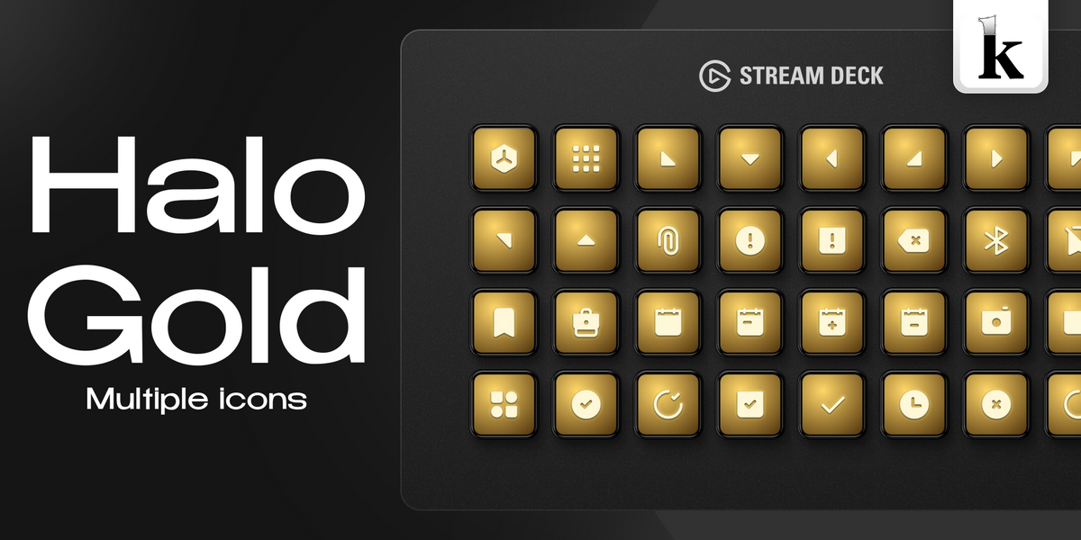 Halo Gold Stream Deck icons with warm gold gradients, glossy buttons and bright white symbols for a luxurious setup
