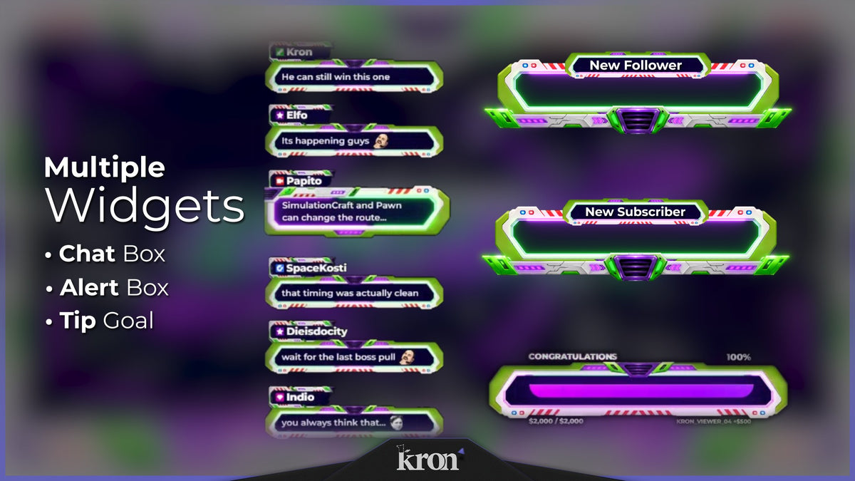 Infinity Animated Widgets for Twitch with purple and green neon sci-fi aesthetic featuring alerts, tip goal and chat box widgets