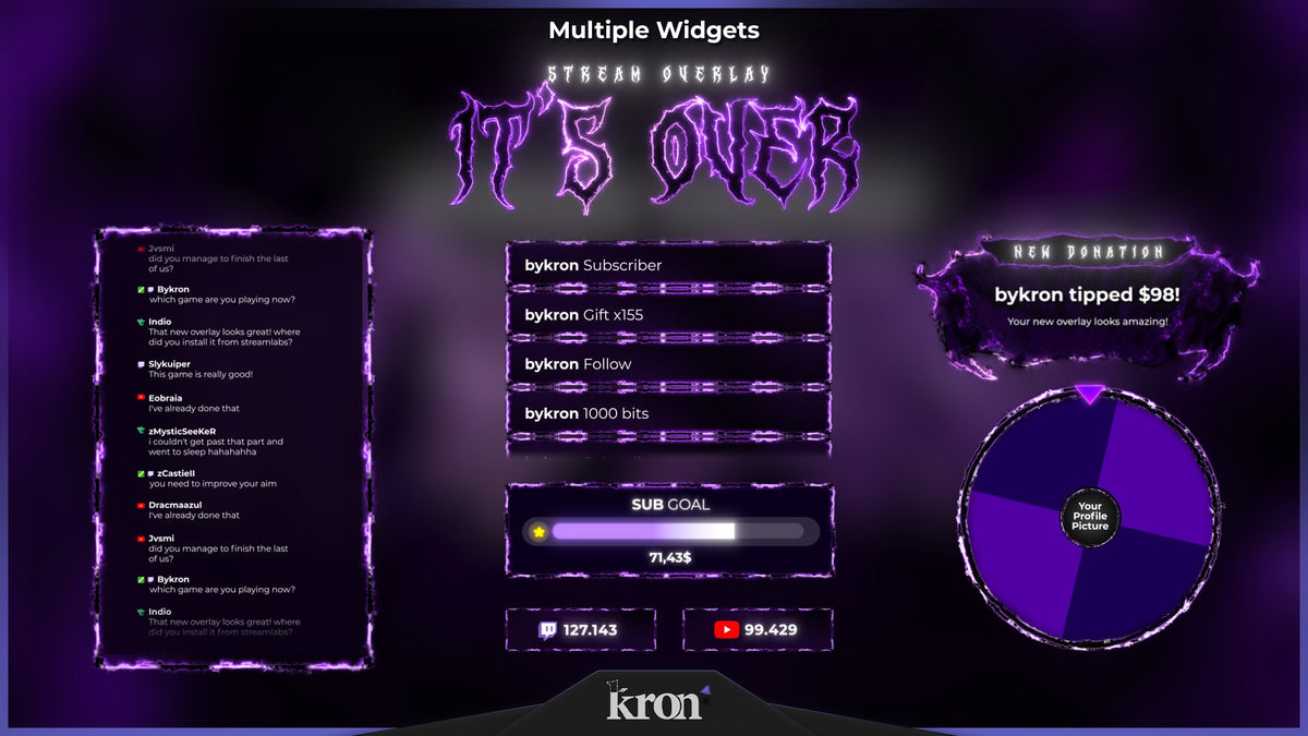 It´s Over Animated Widgets for Twitch with dark phonk and neon purple aesthetic featuring follower goal, donation goal, recent events, spin wheel, viewer count and chat box