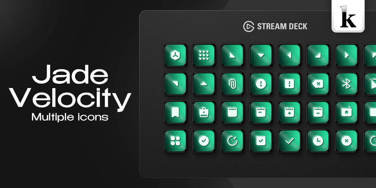 Jade Velocity Stream Deck icons with rich green gradients, glossy buttons and clean white symbols
