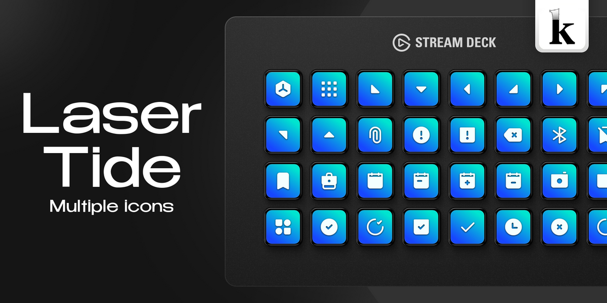 Laser Tide Stream Deck icons with electric blue and cyan gradients, glossy buttons and clean white futuristic symbols