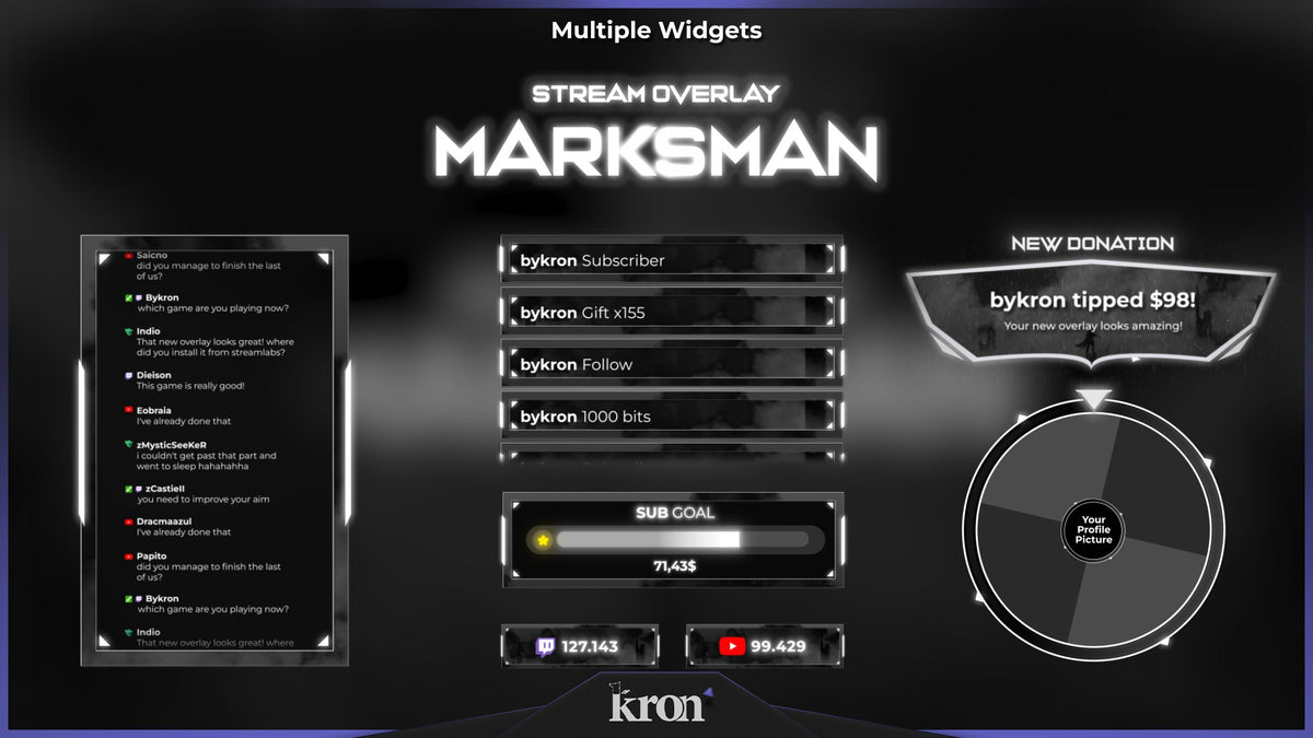 Marksman Animated Widgets for Twitch with dark tactical sniper aesthetic featuring follower goal, donation goal, recent events, spin wheel, viewer count and chat box