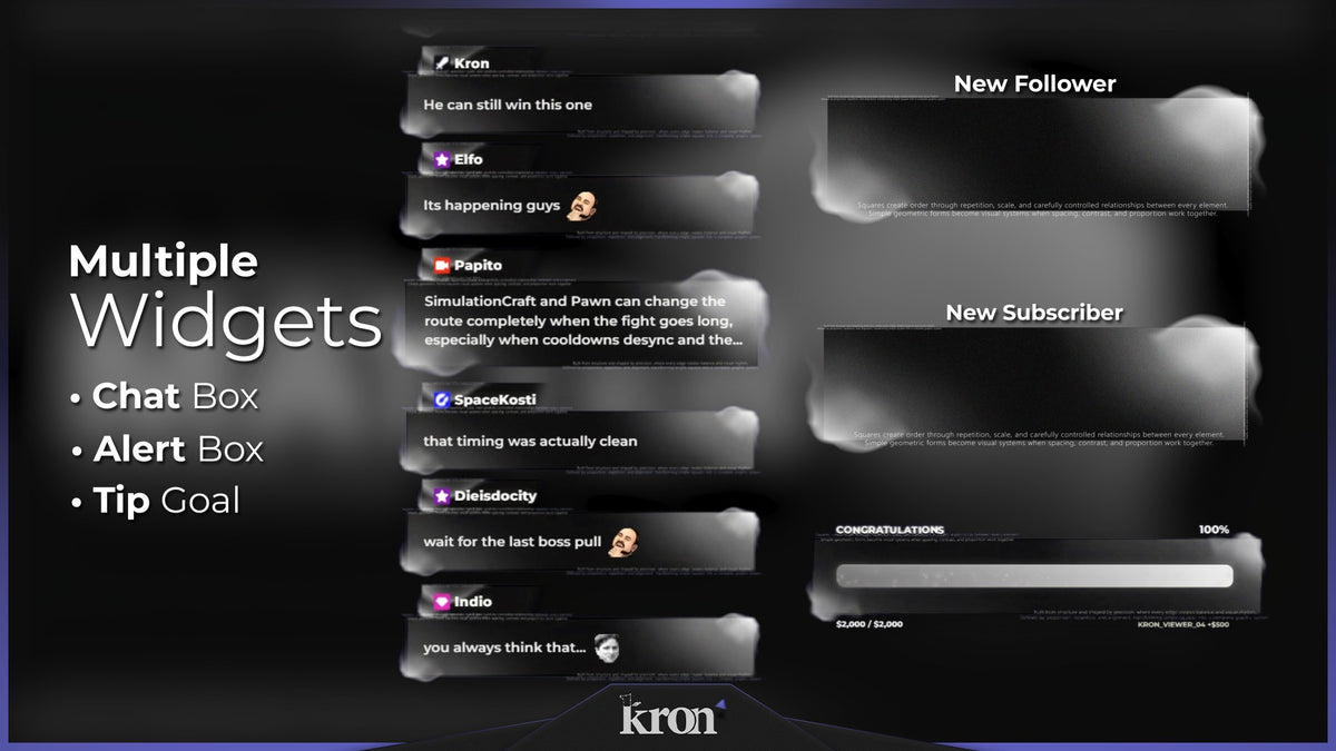 Matter Animated Widgets for Twitch with minimalist geometric aesthetic featuring alerts, tip goal and chat box widgets