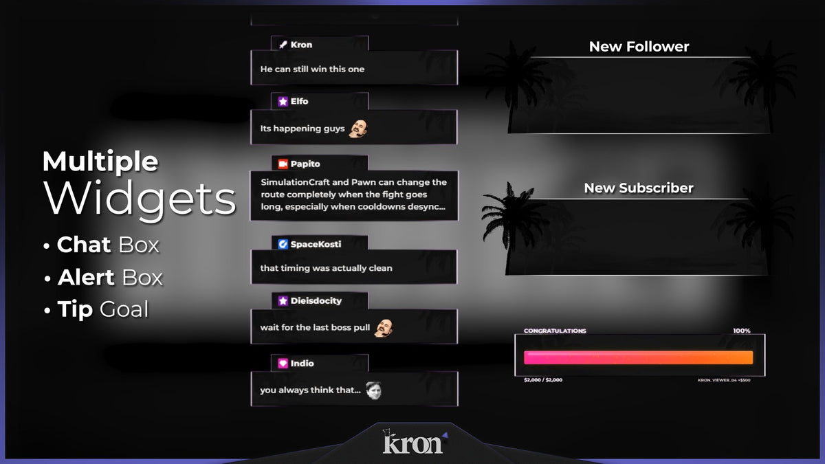 Miami Black Animated Widgets for Twitch with dark tropical urban aesthetic featuring alerts, tip goal and chat box widgets