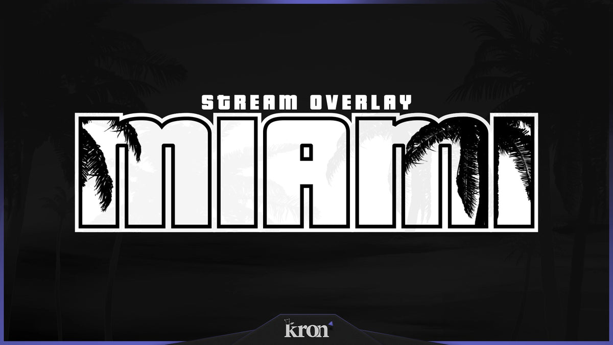 Miami Black Stream Overlay for Twitch with tropical palm trees, bold typography and dark black and white Miami nightlife aesthetic
