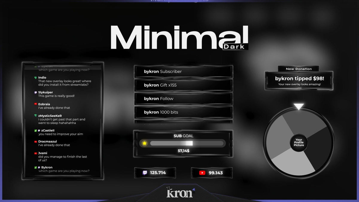Minimal Dark Animated Widgets for Twitch with elegant modern dark aesthetic featuring follower goal, donation goal, recent events, spin wheel, viewer count and chat box