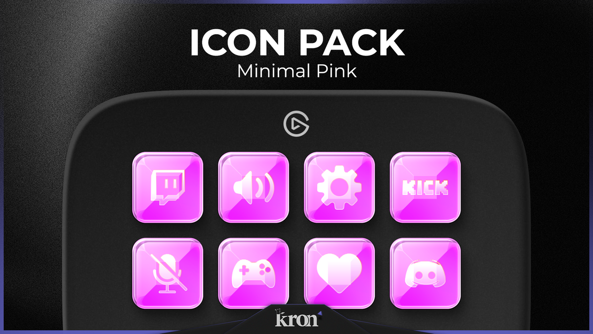 Minimal Pink Stream Deck icons with soft pink tones, glossy glass-like buttons and clean white symbols