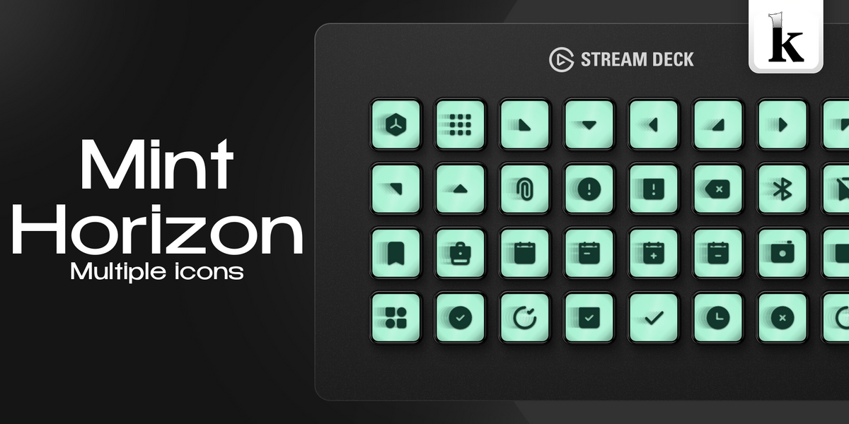 Mint Horizon Stream Deck icons with soft green tones, dark symbols and layered motion shadows for a fresh modern aesthetic