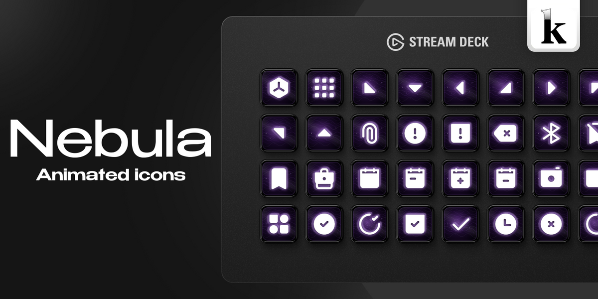 Nebula Stream Deck icons with deep purple tones, flowing wave patterns, glossy details and glowing white symbols