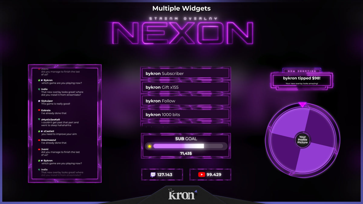 Nexon Animated Widgets for Twitch with clean purple neon sci-fi aesthetic featuring follower goal, donation goal, recent events, spin wheel, viewer count and chat box