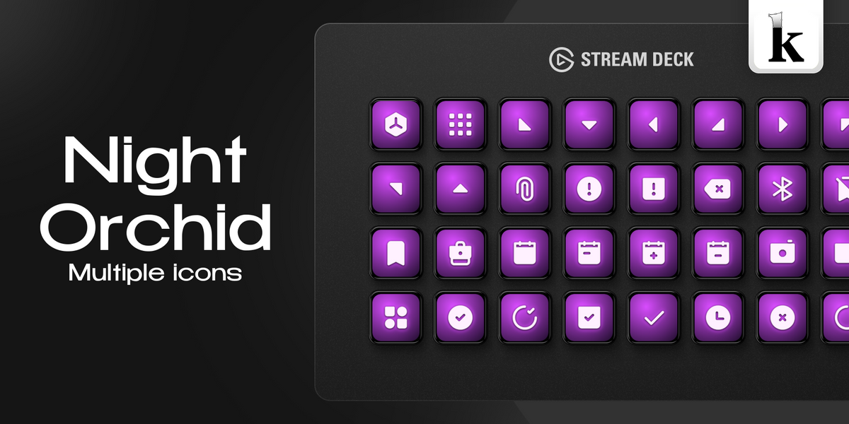 Night Orchid Stream Deck icons with rich purple gradients, glossy buttons and clean white symbols