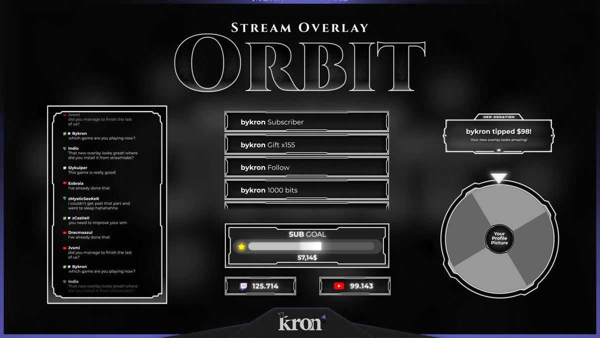 Orbit Animated Widgets for Twitch with dark celestial aesthetic featuring follower goal, donation goal, recent events, spin wheel, viewer count and chat box