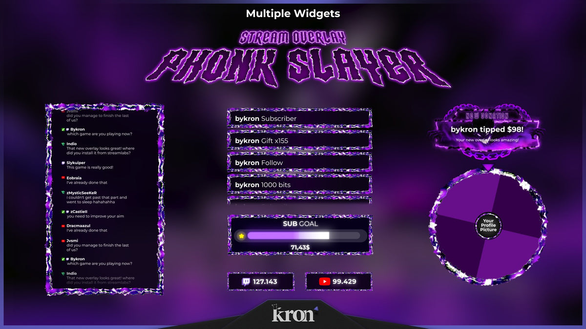 Phonk Slayer Animated Widgets for Twitch with sinister purple phonk aesthetic featuring follower goal, donation goal, recent events, spin wheel, viewer count and chat box