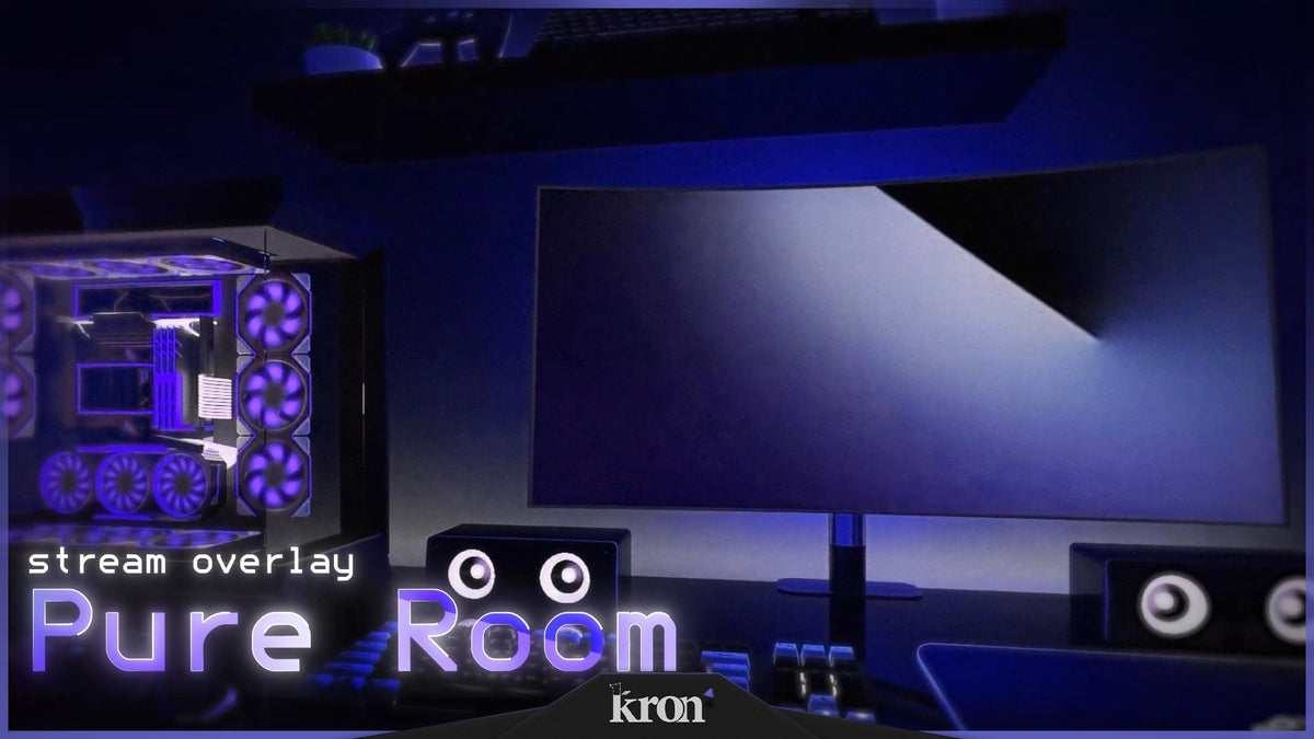 Pure Room Stream Overlay for Twitch with soft purple neon lighting, modern gaming elements and clean minimalist setup aesthetic