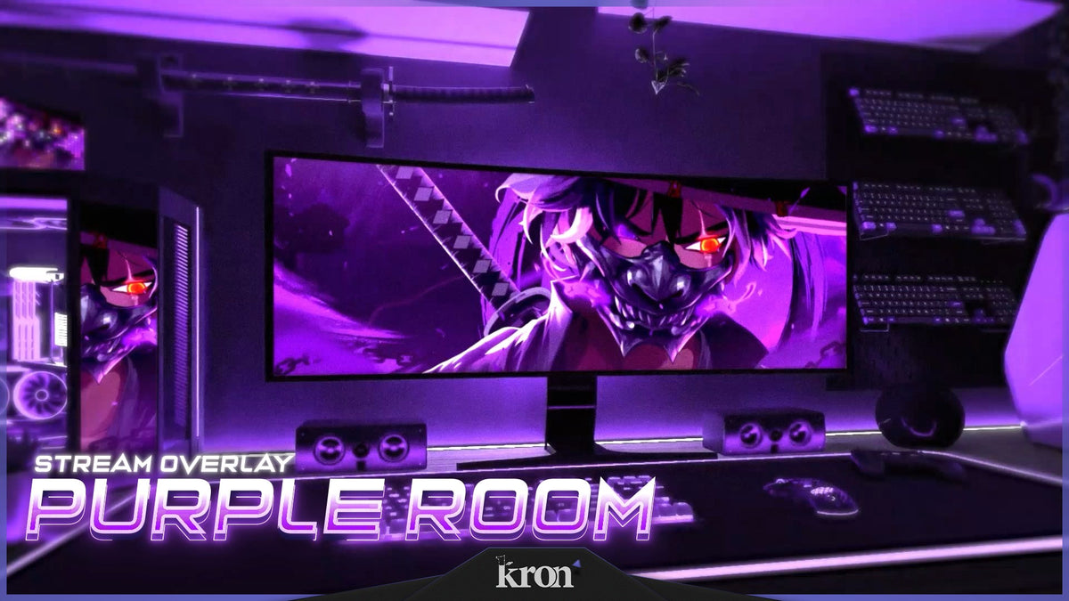 Purple Room Stream Overlay for Twitch with intense purple lighting, cinematic gaming visuals and anime-inspired cyber aesthetic