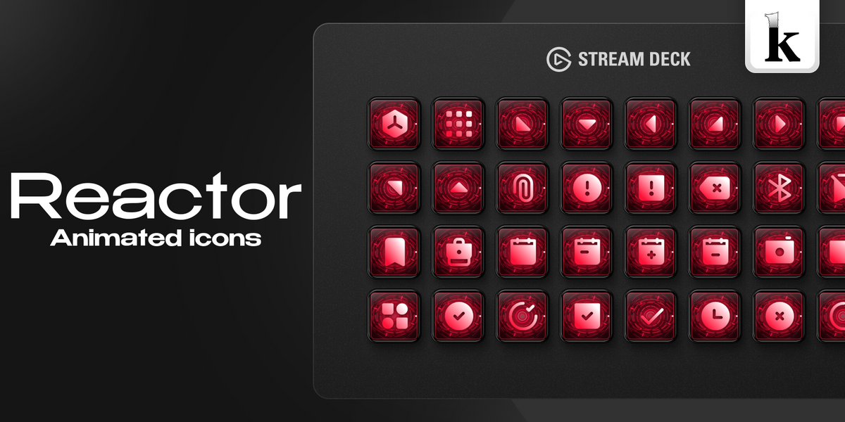 Reactor Stream Deck icons with vivid red tones, glowing symbols, circular energy patterns and glossy futuristic buttons