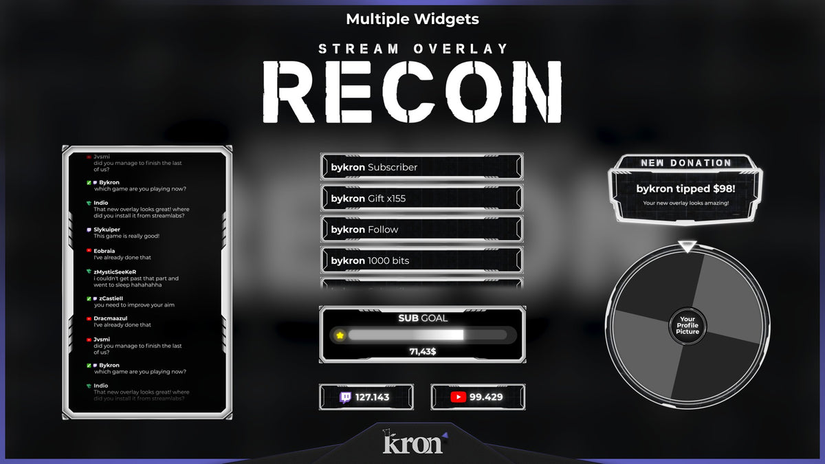 Recon Animated Widgets for Twitch with military tactical aesthetic featuring follower goal, donation goal, recent events, spin wheel, viewer count and chat box