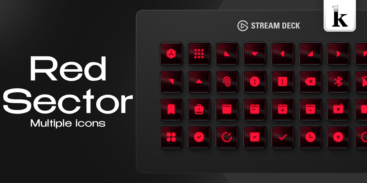 Red Sector Stream Deck icons with deep crimson tones, glowing red grids, glossy dark buttons and vivid tactical symbols