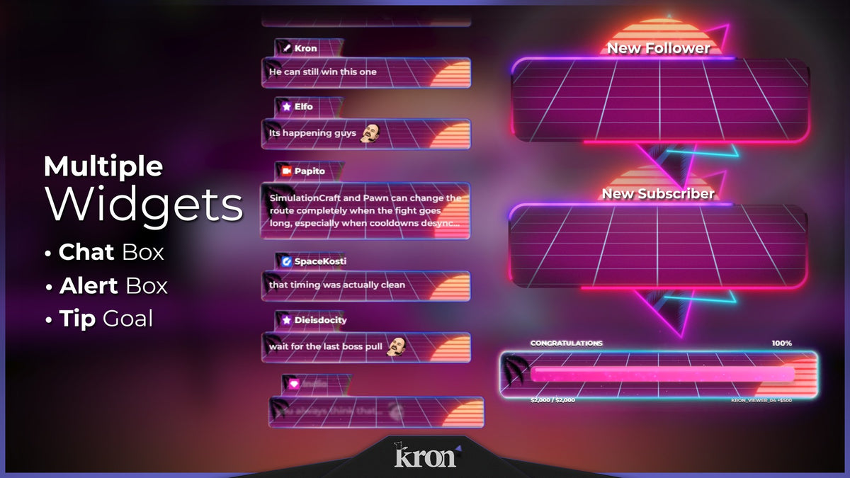 Retro Vice Animated Widgets for Twitch with pink and purple synthwave aesthetic featuring alerts, tip goal and chat box widgets