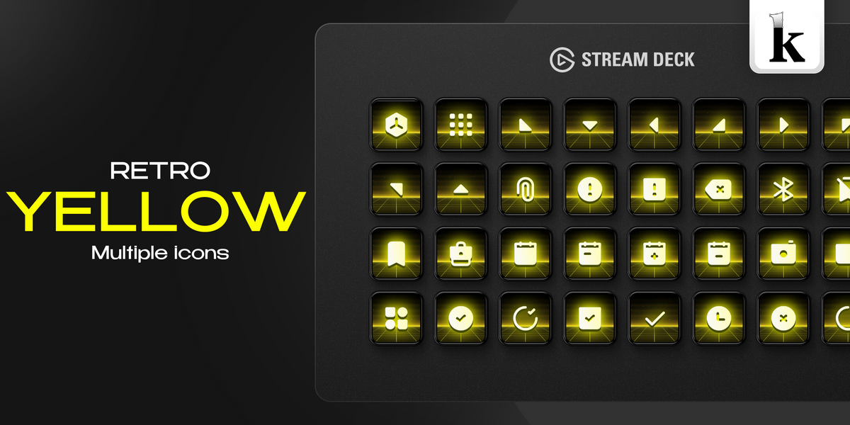 Retro Yellow Stream Deck icons with vivid neon lighting, glowing white symbols, digital horizon grids and arcade-inspired aesthetic