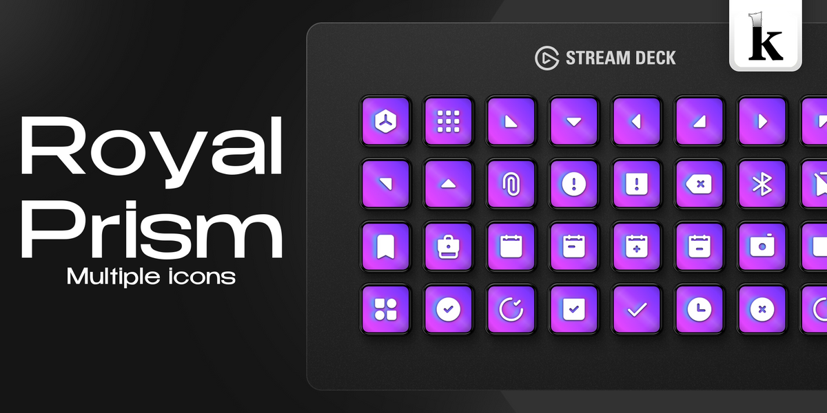 Royal Prism Stream Deck icons with royal purple and magenta gradients, cyan highlights, glossy buttons and clean white symbols